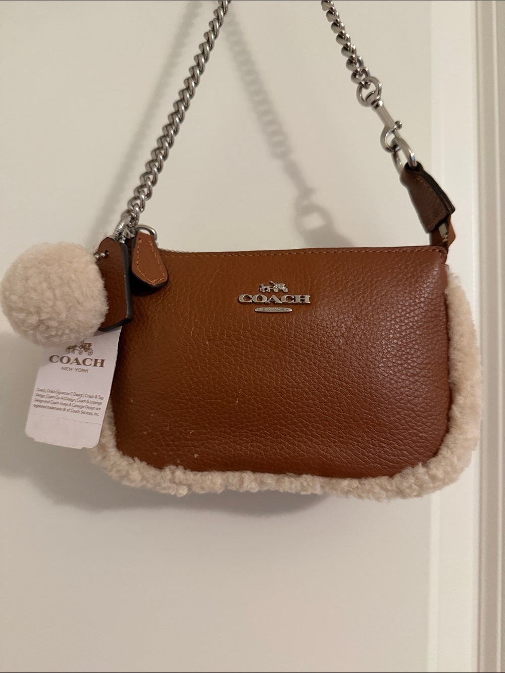 Coach Brown Pebbled Leather wrists Bag with Shearling Trim